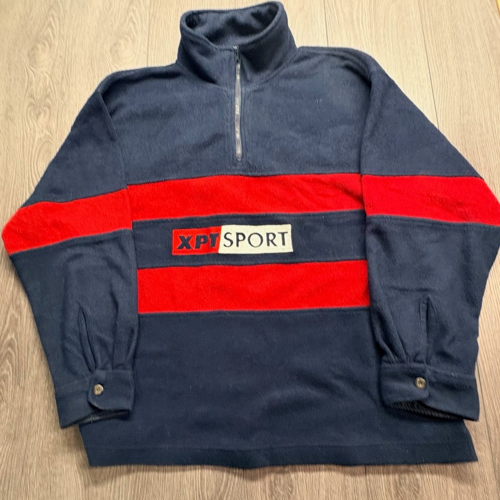 Vintage XPT Sport Sail Tech Fleece Pullover Mens XL Navy Blue Red Quarter Zip